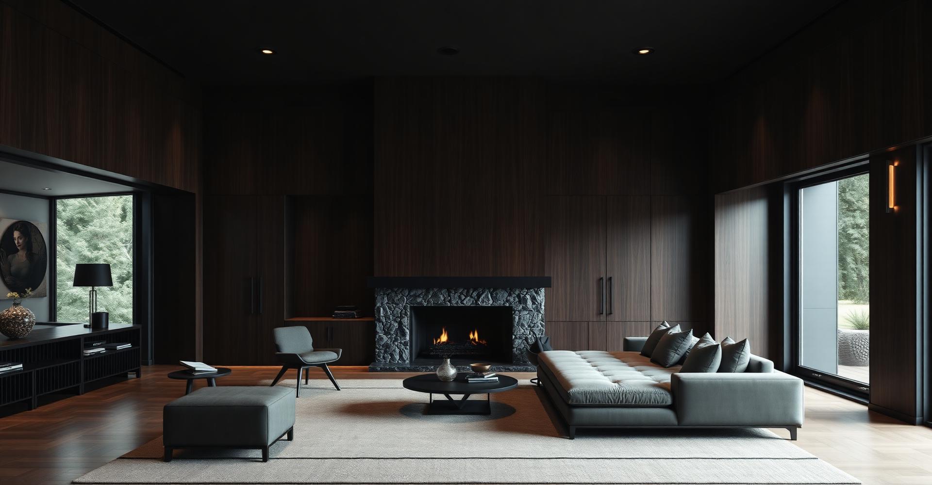 Sala residencial contemporánea con ebanistería en madera oscura