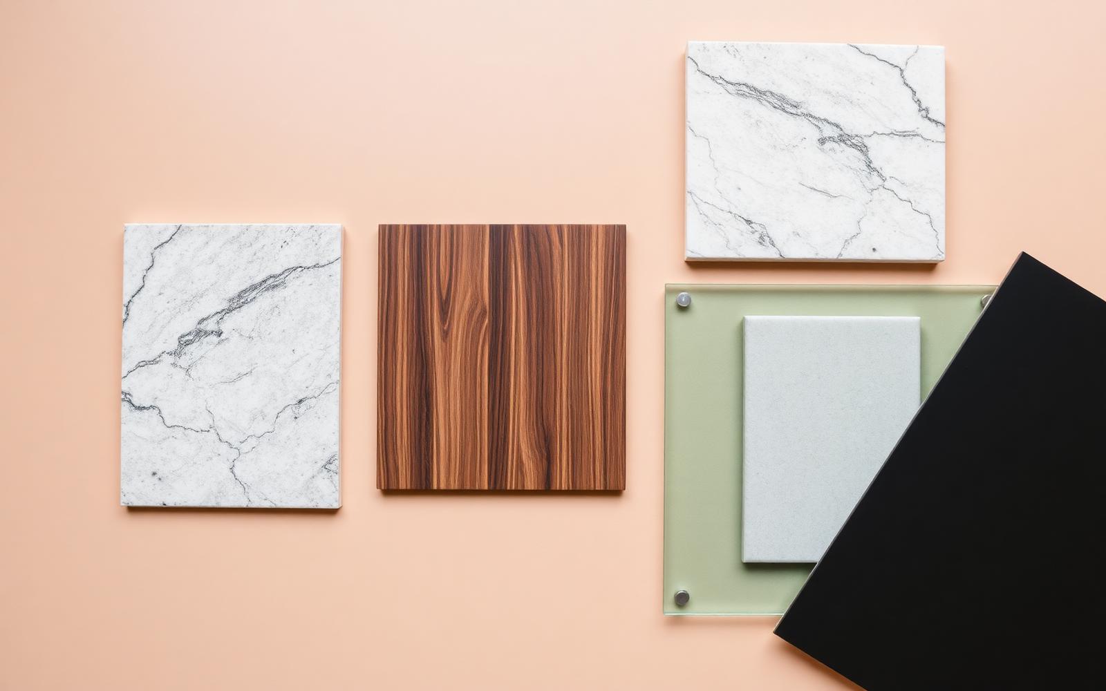 Muestras de materiales: chapas de madera, piedra, cristal, metal y laminados